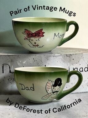 Vintage Set of Mom and Dad Mugs by DeForest of California Whimsical Hand Painted